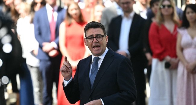 Britain’s new Prime Minister Andy Burnham gives his first speech in front of 10 Downing Street in central London